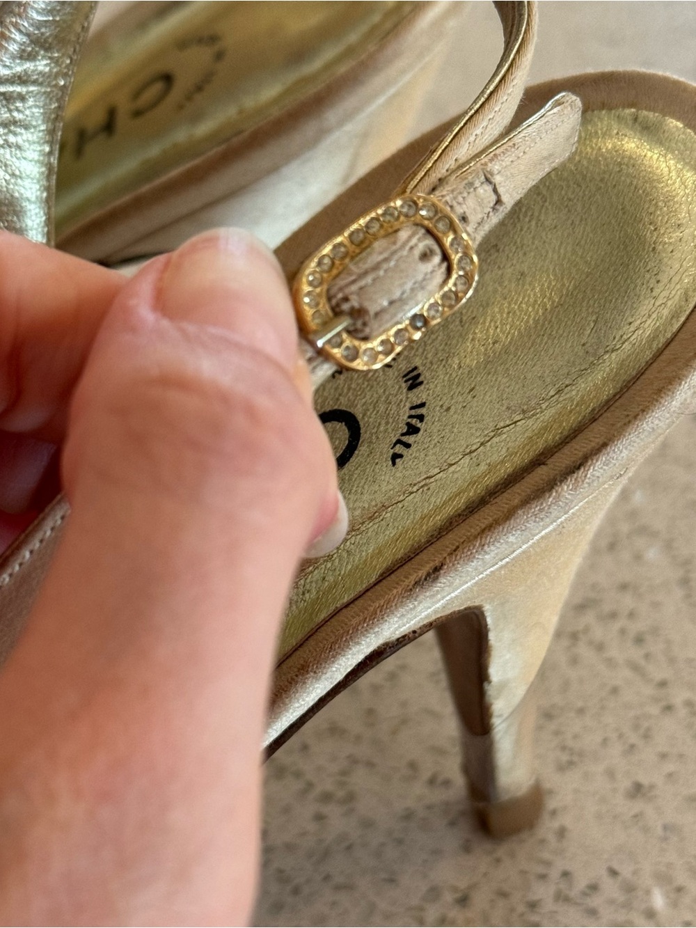 VINTAGE Chanel Champagne Satin and Gold Leather Slingback Pumps - Picture 5 of 8